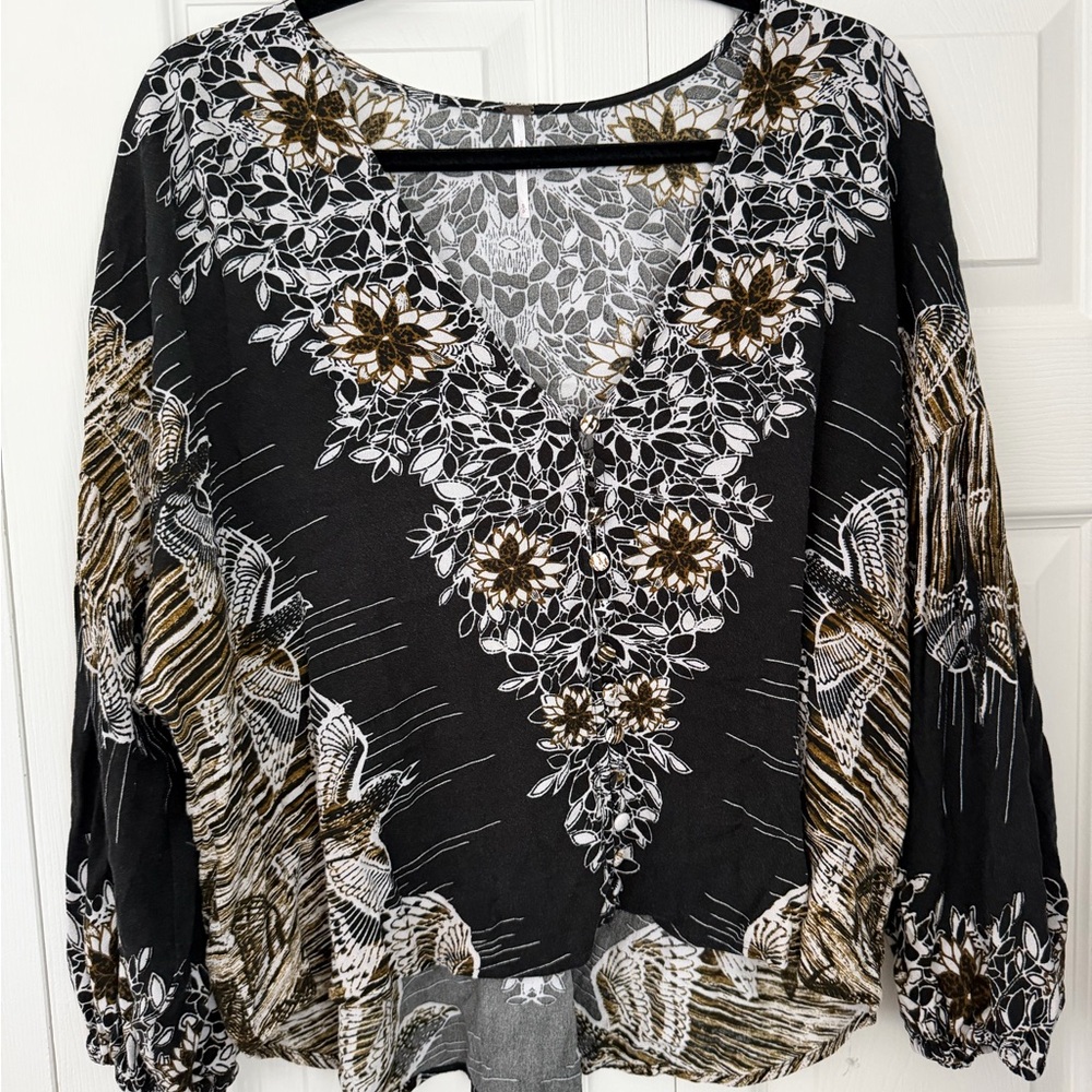 Free People Black and Brown Floral Women's Top